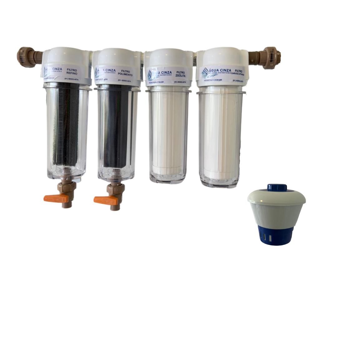 Sistema de filtros Água Cinza para residências: filtros de sedimentos, carvão ativado e filtração fina em linha.