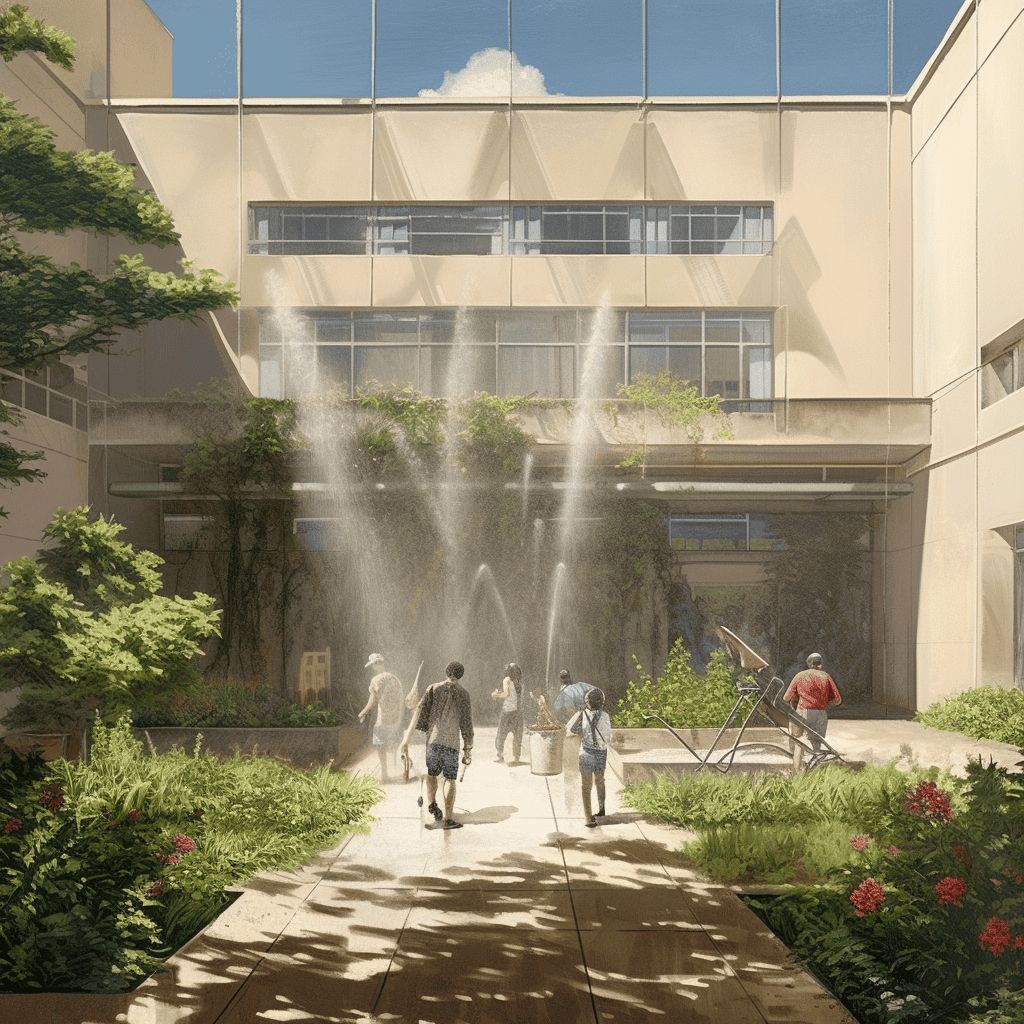 pessoas embaixo de um prédio regando o jardim em um dia ensolarado, realista, 3D
